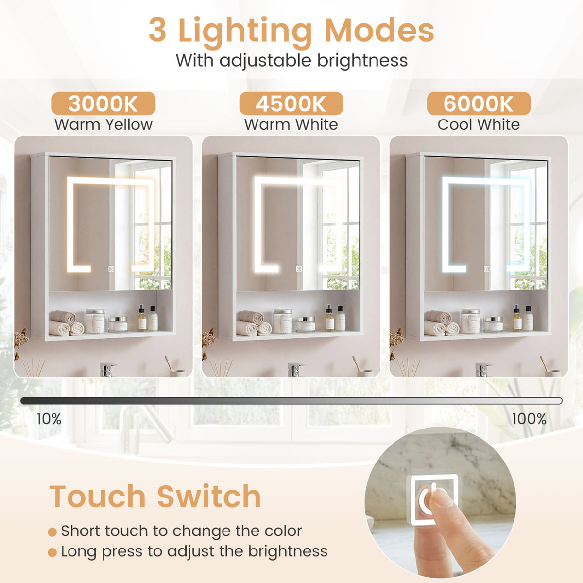 Medicine Cabinet with Mirror and 3 Color LED Lights Recessed or Wall