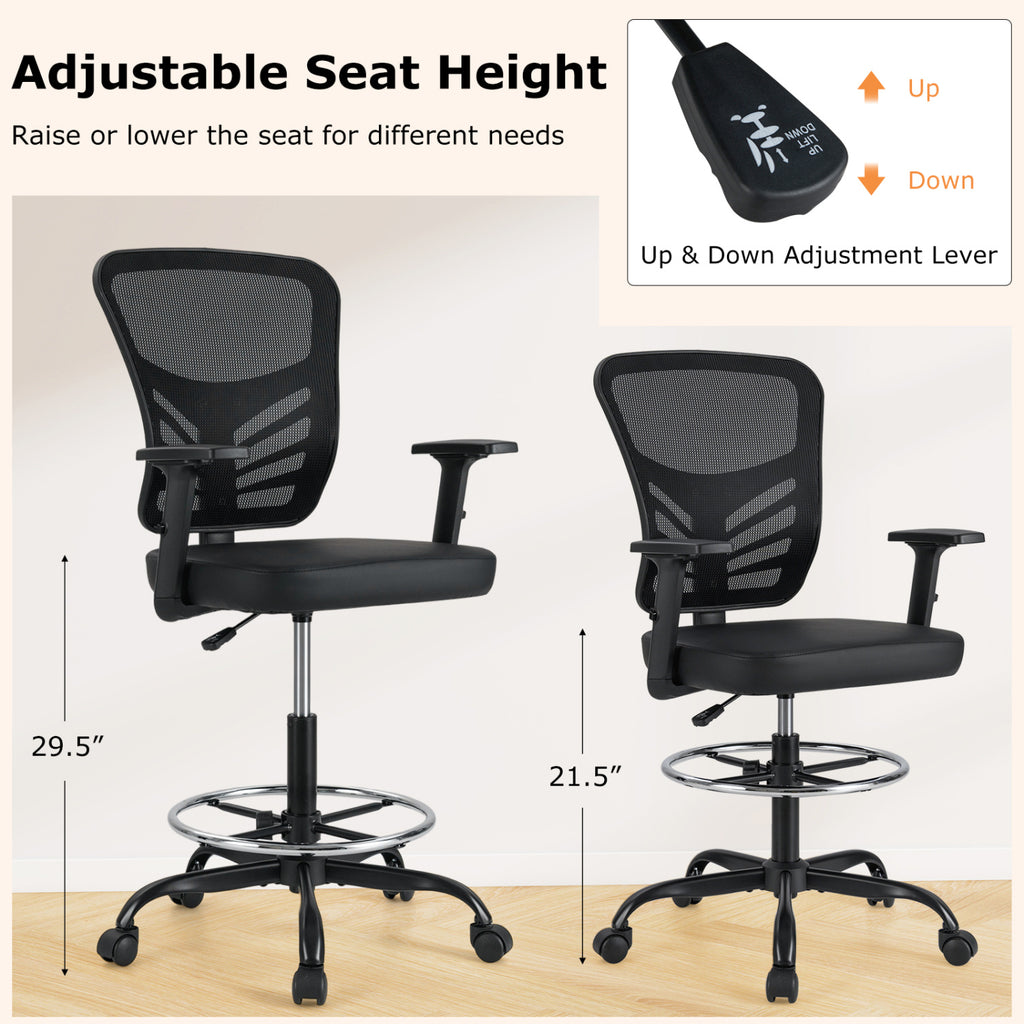 Mesh Drafting Chair Office with Adjustable Armrests and Foot-Ring