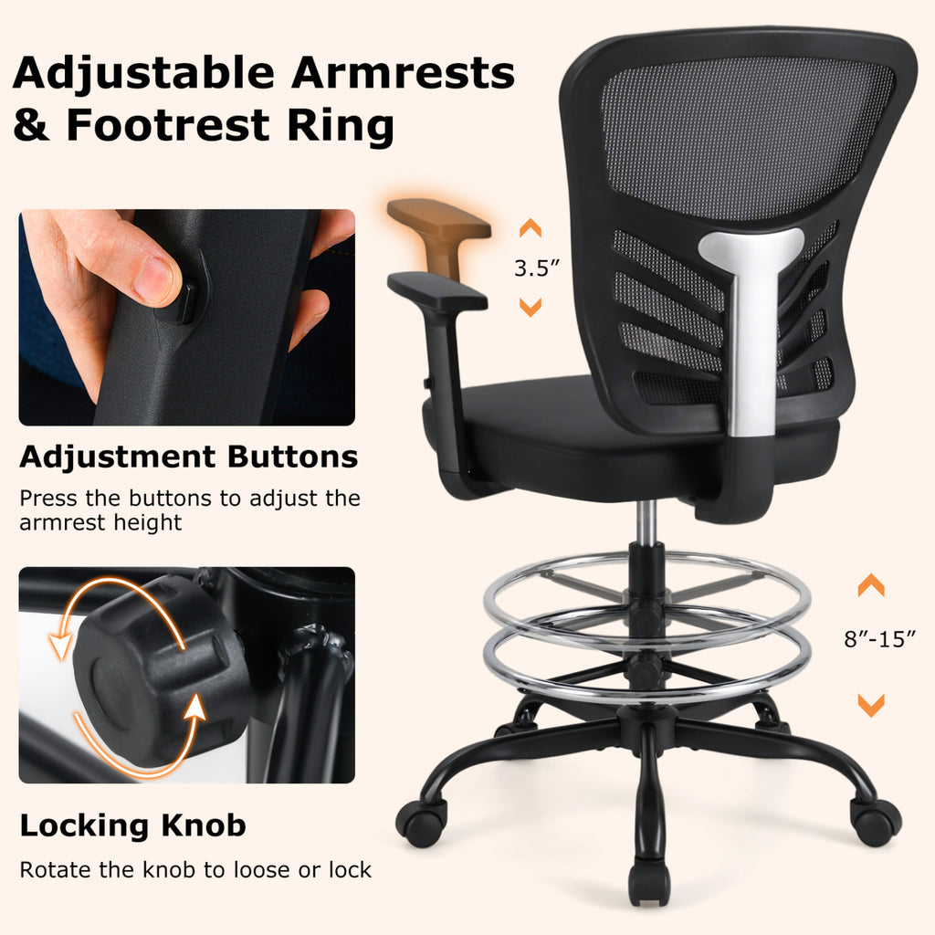 Mesh Drafting Chair Office with Adjustable Armrests and Foot-Ring