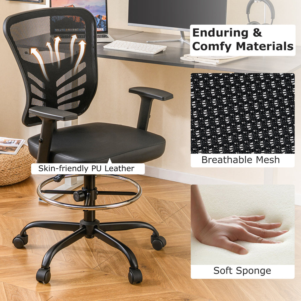Mesh Drafting Chair Office with Adjustable Armrests and Foot-Ring