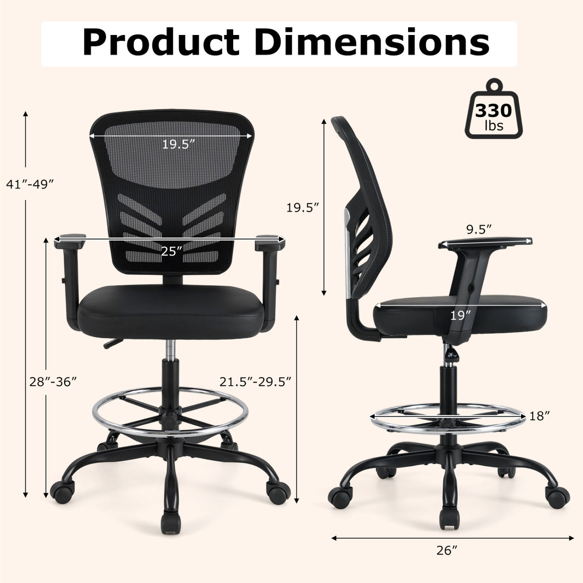 Mesh Drafting Chair Office with Adjustable Armrests and Foot-Ring