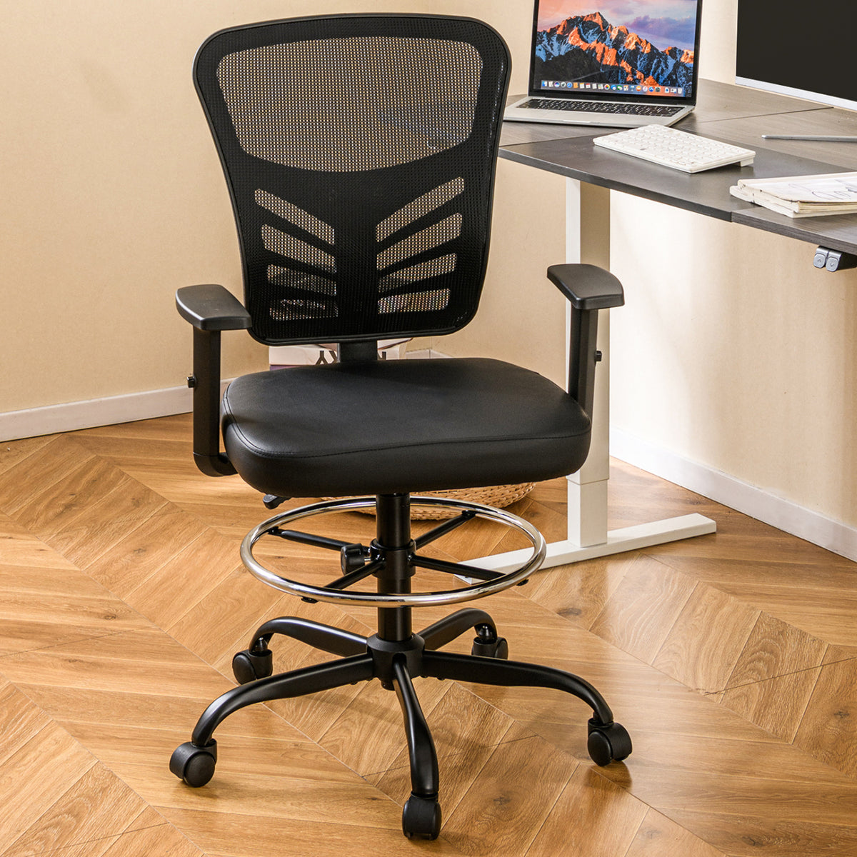 Mesh Drafting Chair Office with Adjustable Armrests and Foot-Ring