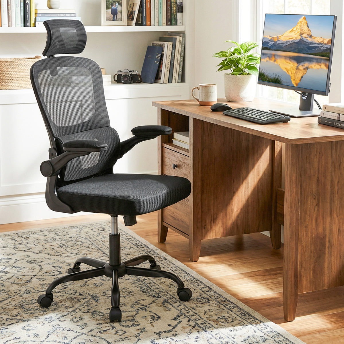 Mesh Office Chair with Lumbar Support & Flip-Up Armrests, Black