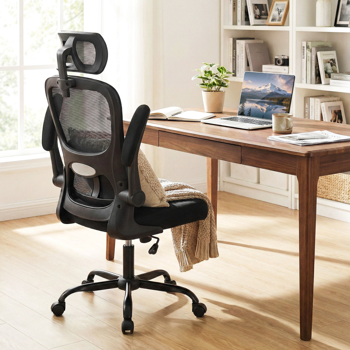 Mesh Office Chair with Lumbar Support & Flip-Up Armrests, Black