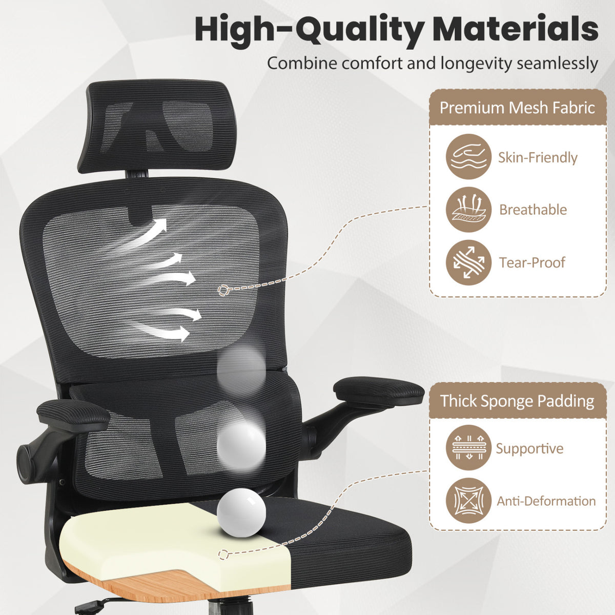 Mesh Office Chair with Lumbar Support & Flip-Up Armrests, Black