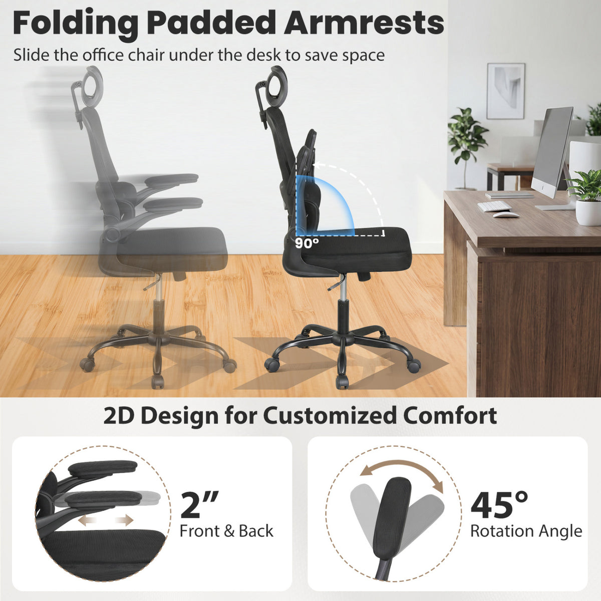 Mesh Office Chair with Lumbar Support & Flip-Up Armrests, Black