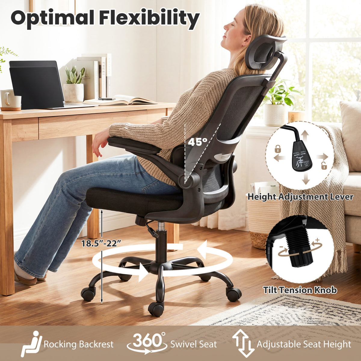 Mesh Office Chair with Lumbar Support & Flip-Up Armrests, Black
