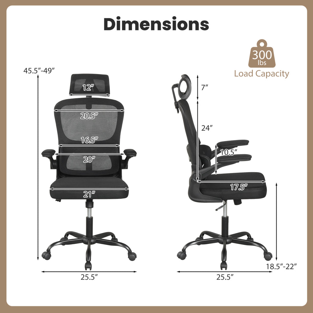 Mesh Office Chair with Lumbar Support & Flip-Up Armrests, Black