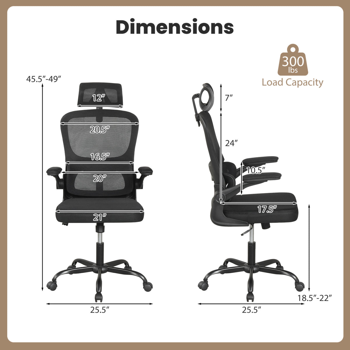 Mesh Office Chair with Lumbar Support & Flip-Up Armrests, Black