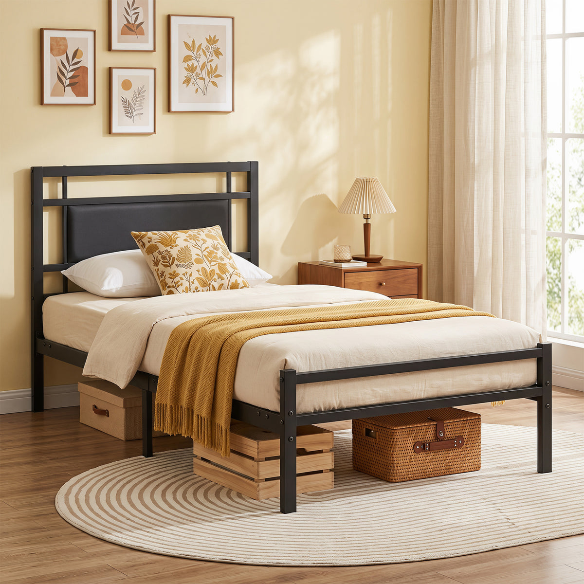 Metal Bed Frame with Upholstered Headboard - Twin Size