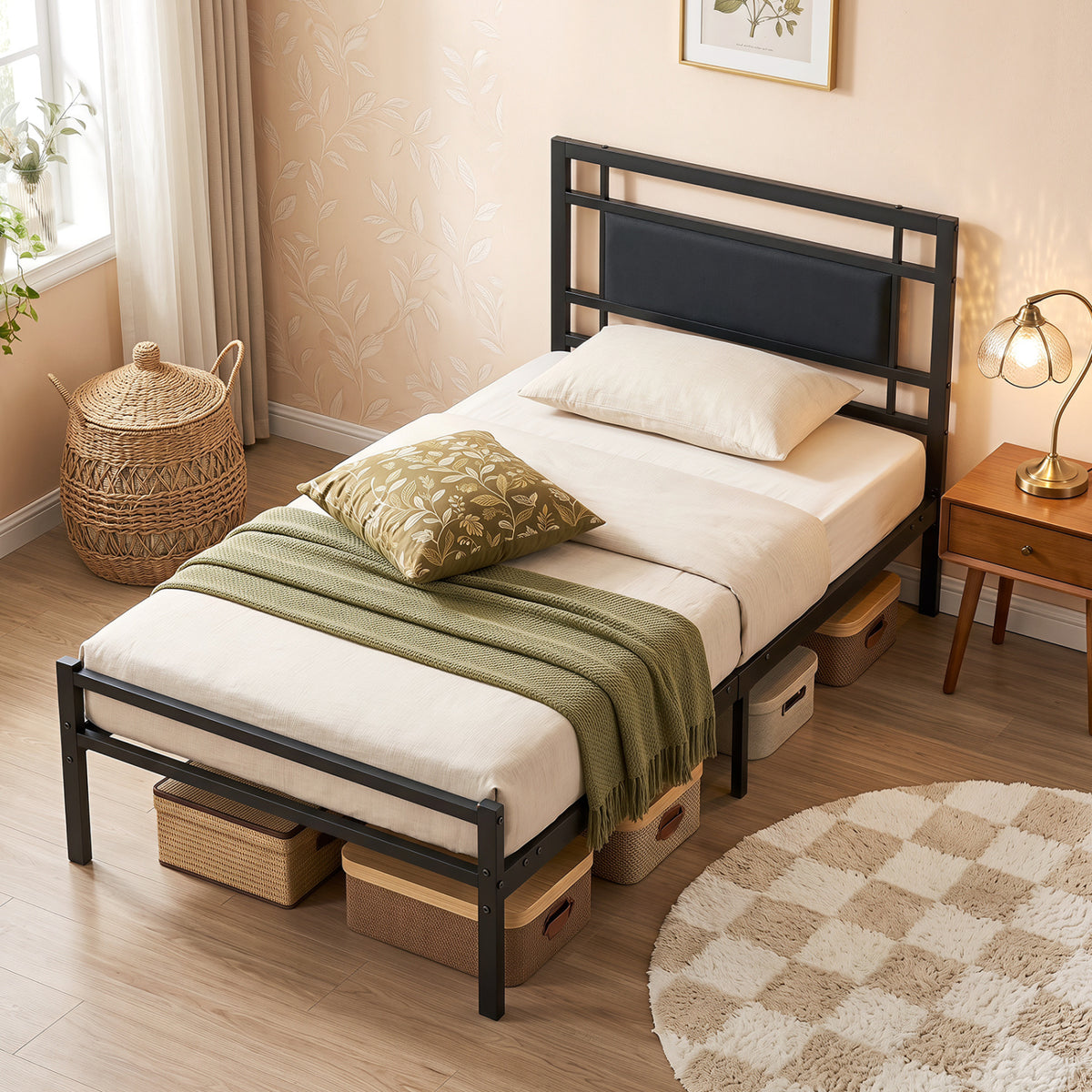 Metal Bed Frame with Upholstered Headboard - Twin Size