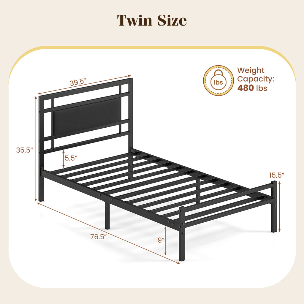 Metal Bed Frame with Upholstered Headboard - Twin Size