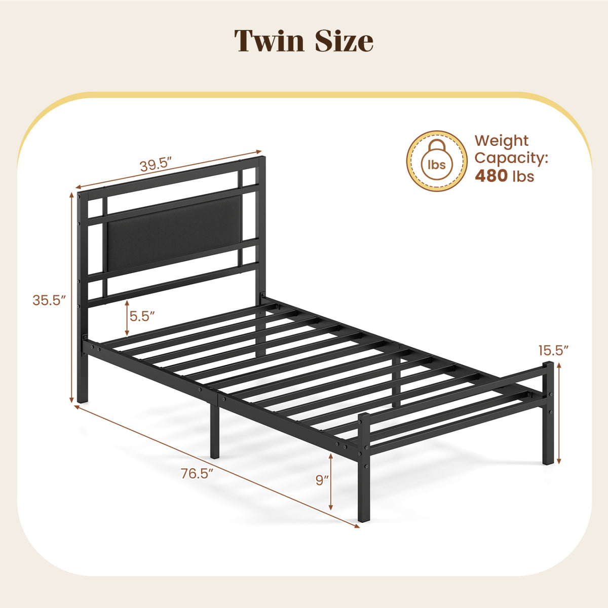 Metal Bed Frame with Upholstered Headboard - Twin Size