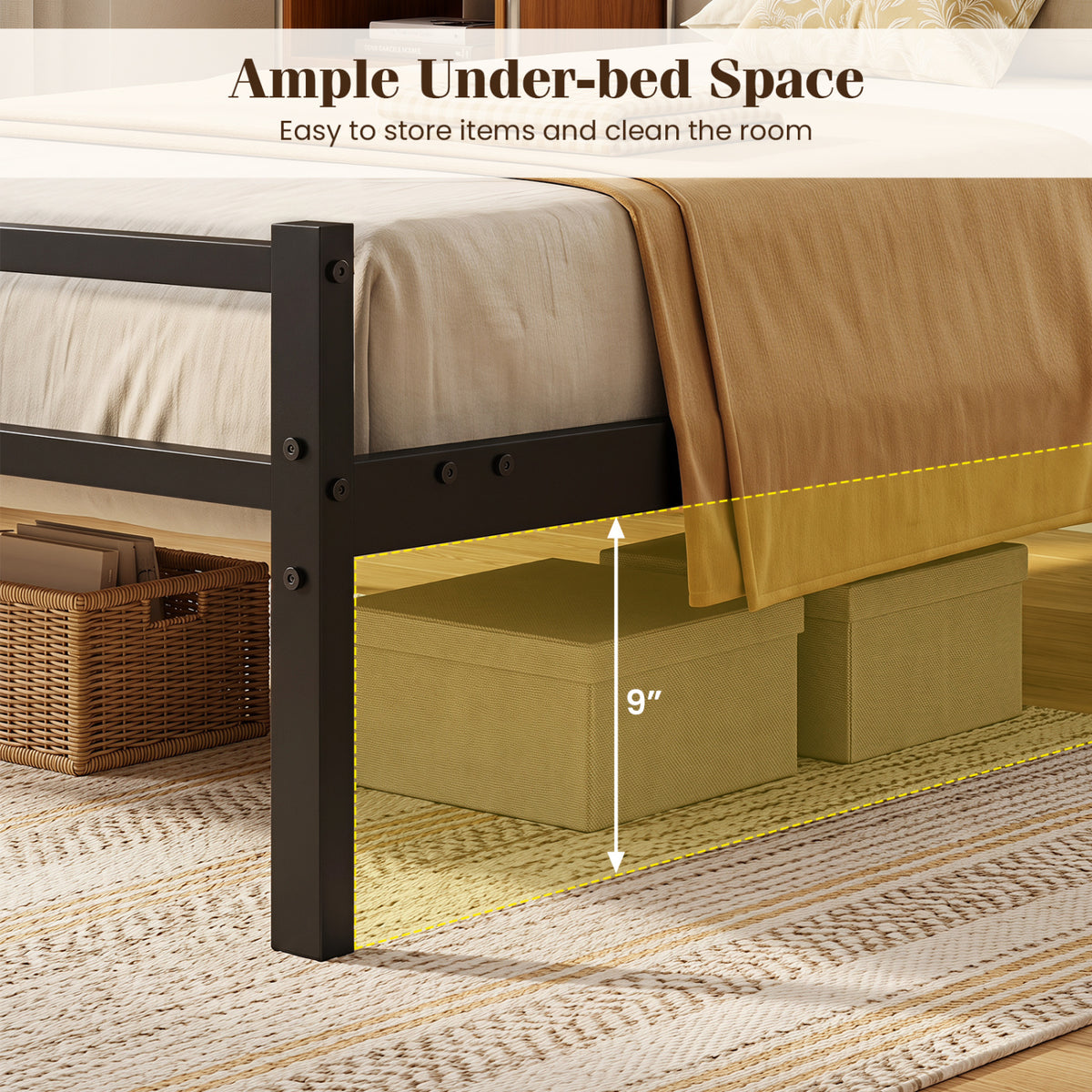 Metal Bed Frame with Upholstered Headboard - Twin Size
