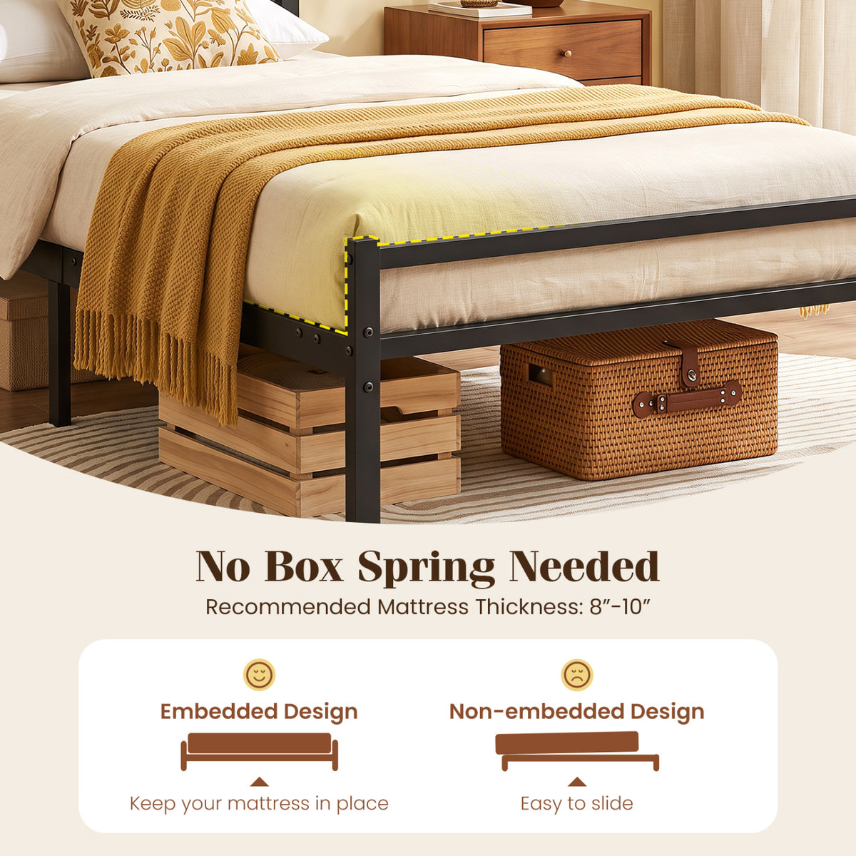 Metal Bed Frame with Upholstered Headboard - Twin Size