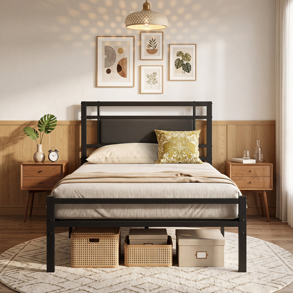 Metal Bed Frame with Upholstered Headboard - Twin Size