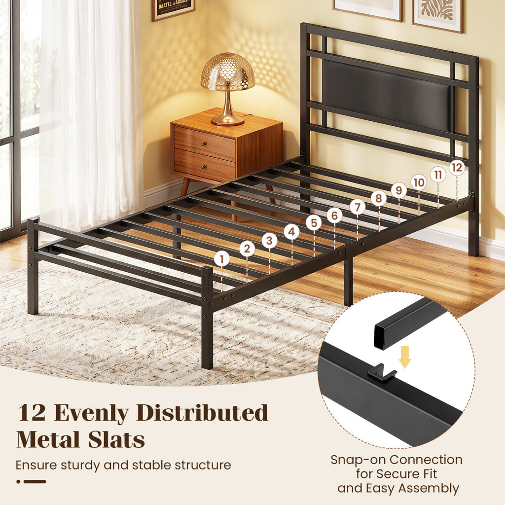 Metal Bed Frame with Upholstered Headboard - Twin Size