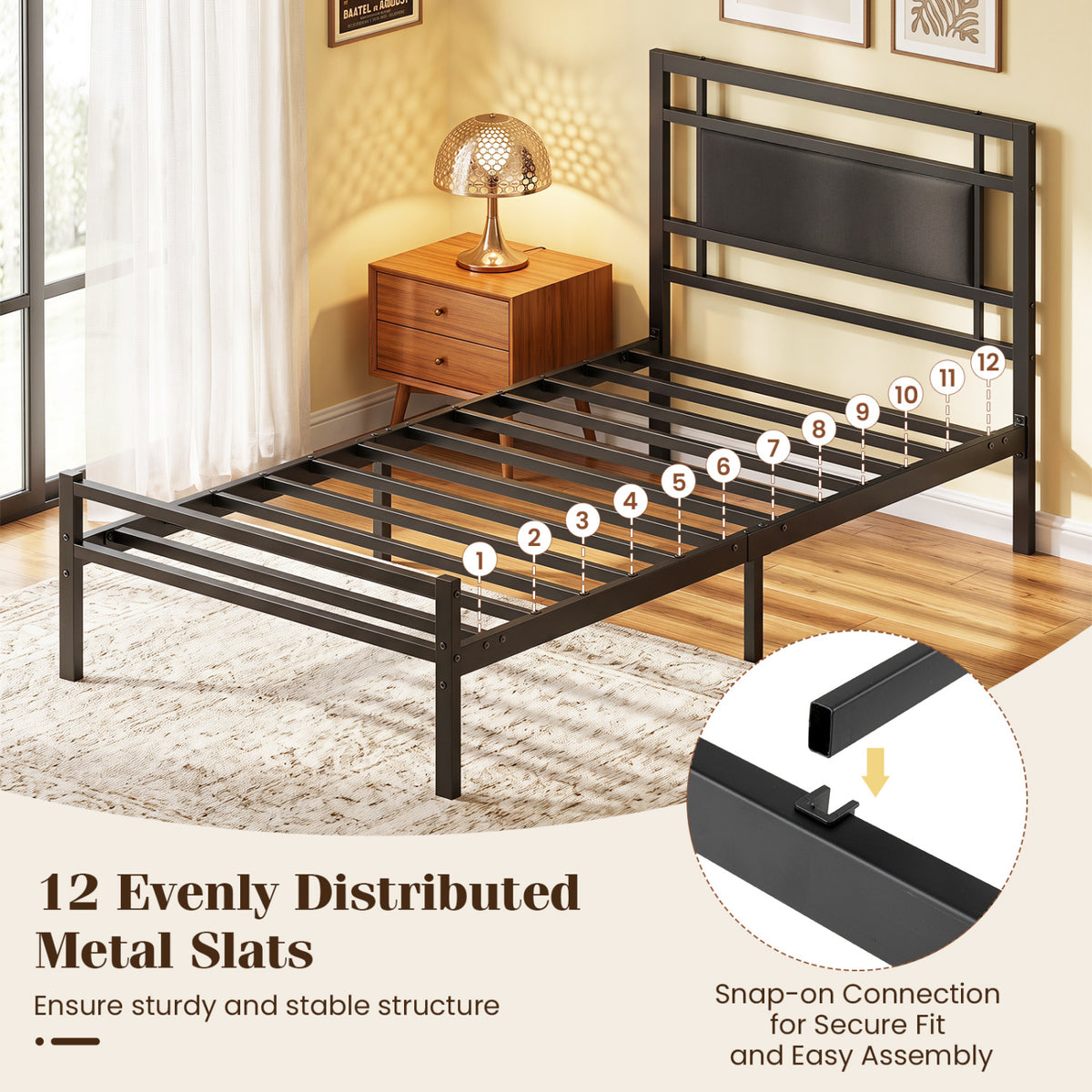 Metal Bed Frame with Upholstered Headboard - Twin Size