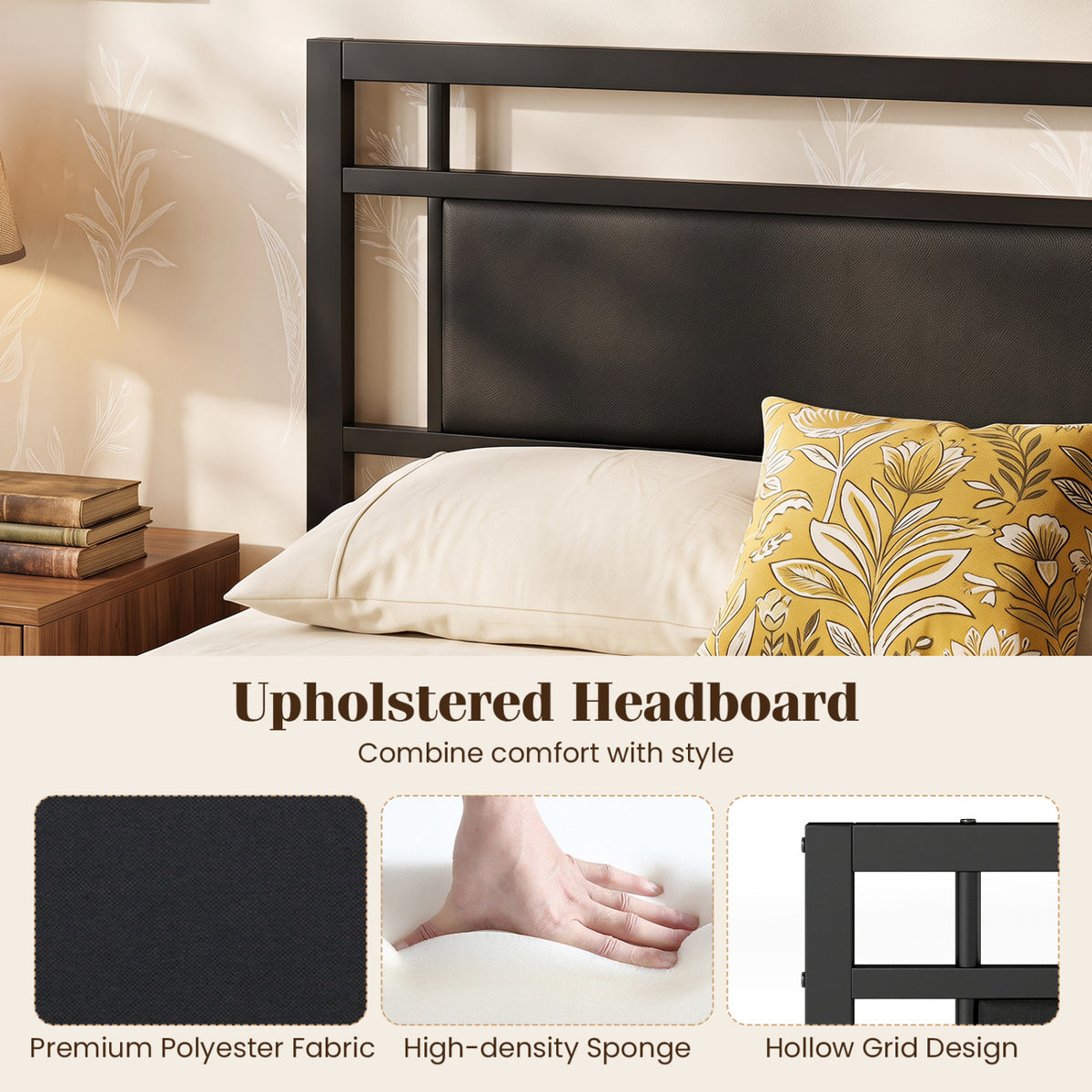 Metal Bed Frame with Upholstered Headboard - Twin Size