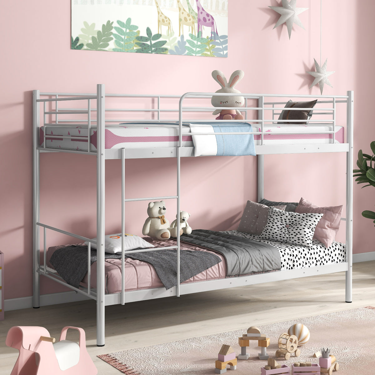 Metal Bunk Bed with Ladder and Guardrails - Black
