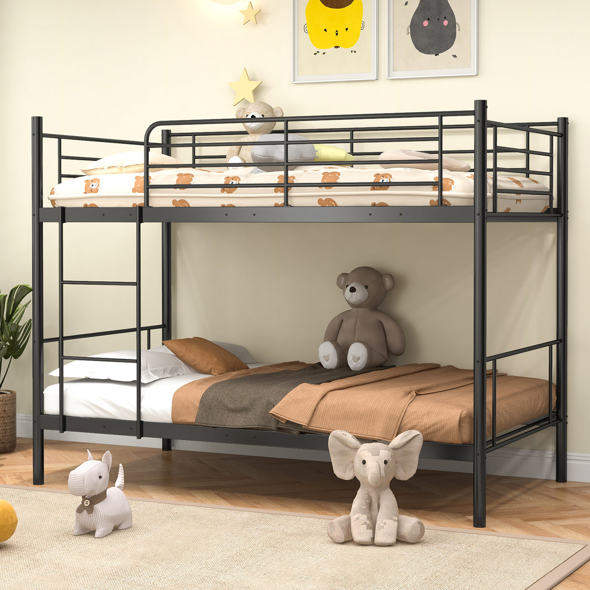 Metal Bunk Bed with Ladder and Guardrails - Black
