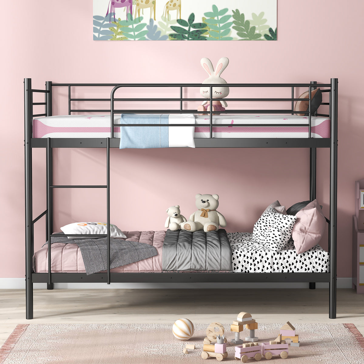 Metal Bunk Bed with Ladder and Guardrails - Black