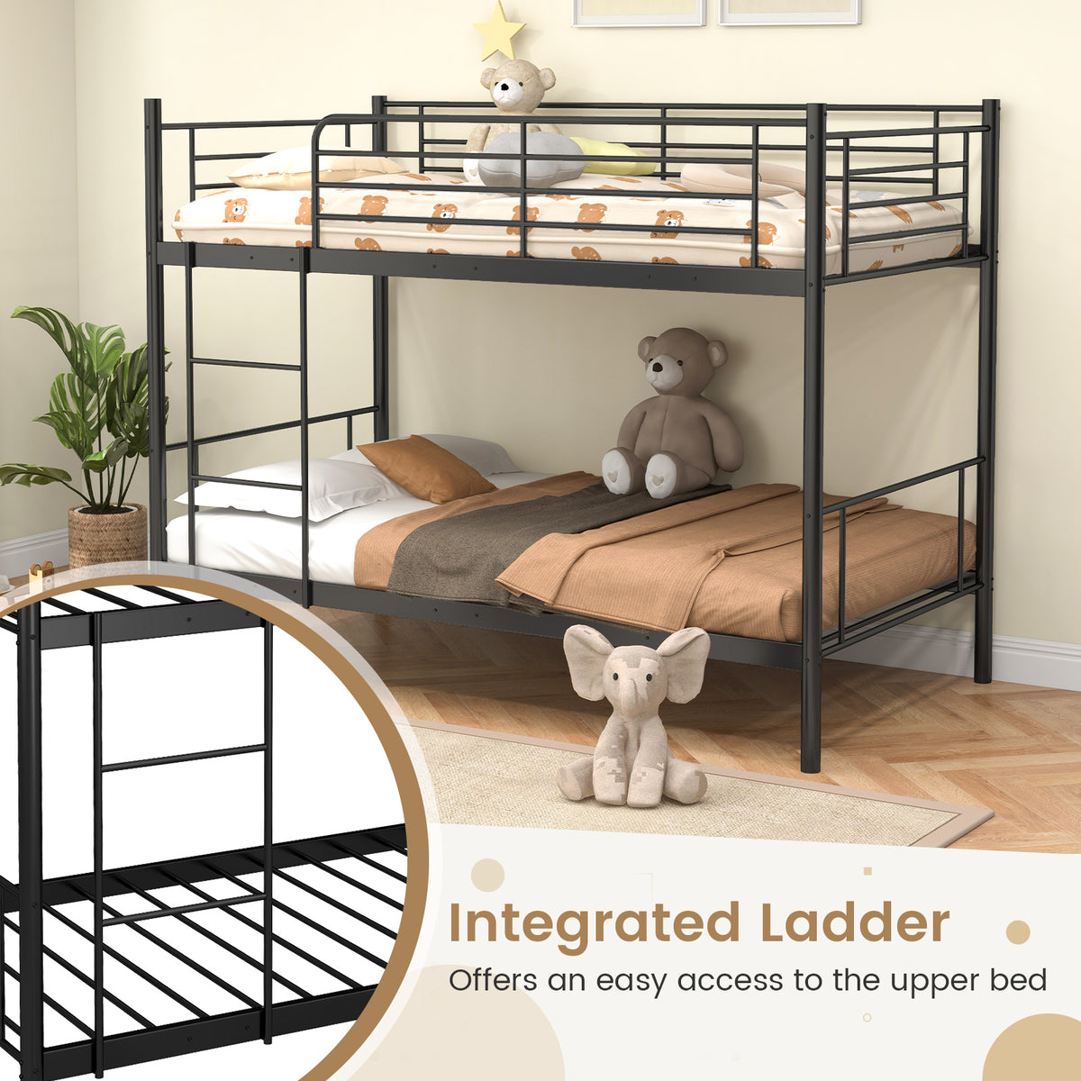 Metal Bunk Bed with Ladder and Guardrails - Black