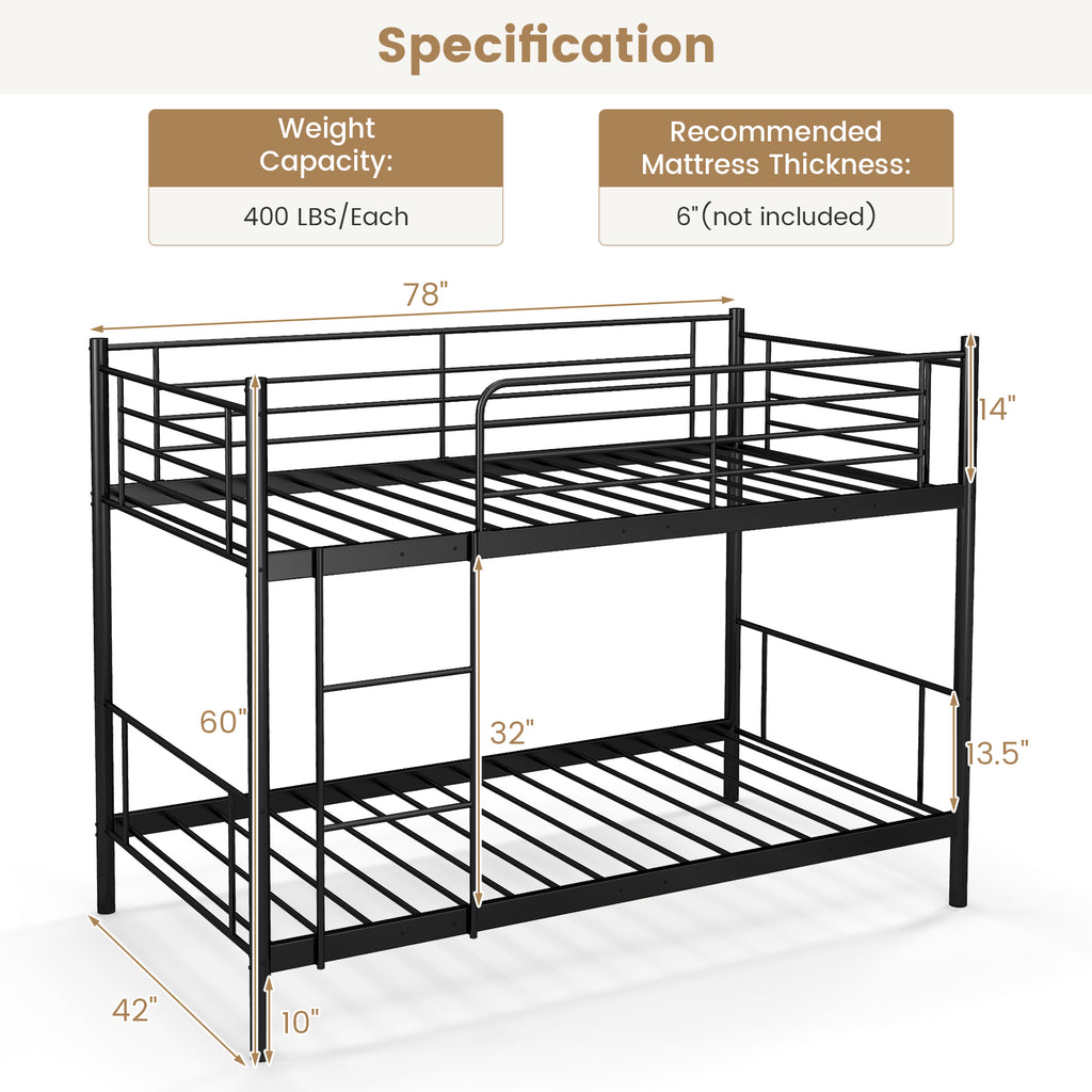 Metal Bunk Bed with Ladder and Guardrails - Black