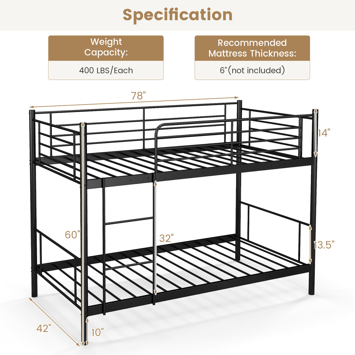 Metal Bunk Bed with Ladder and Guardrails - Black