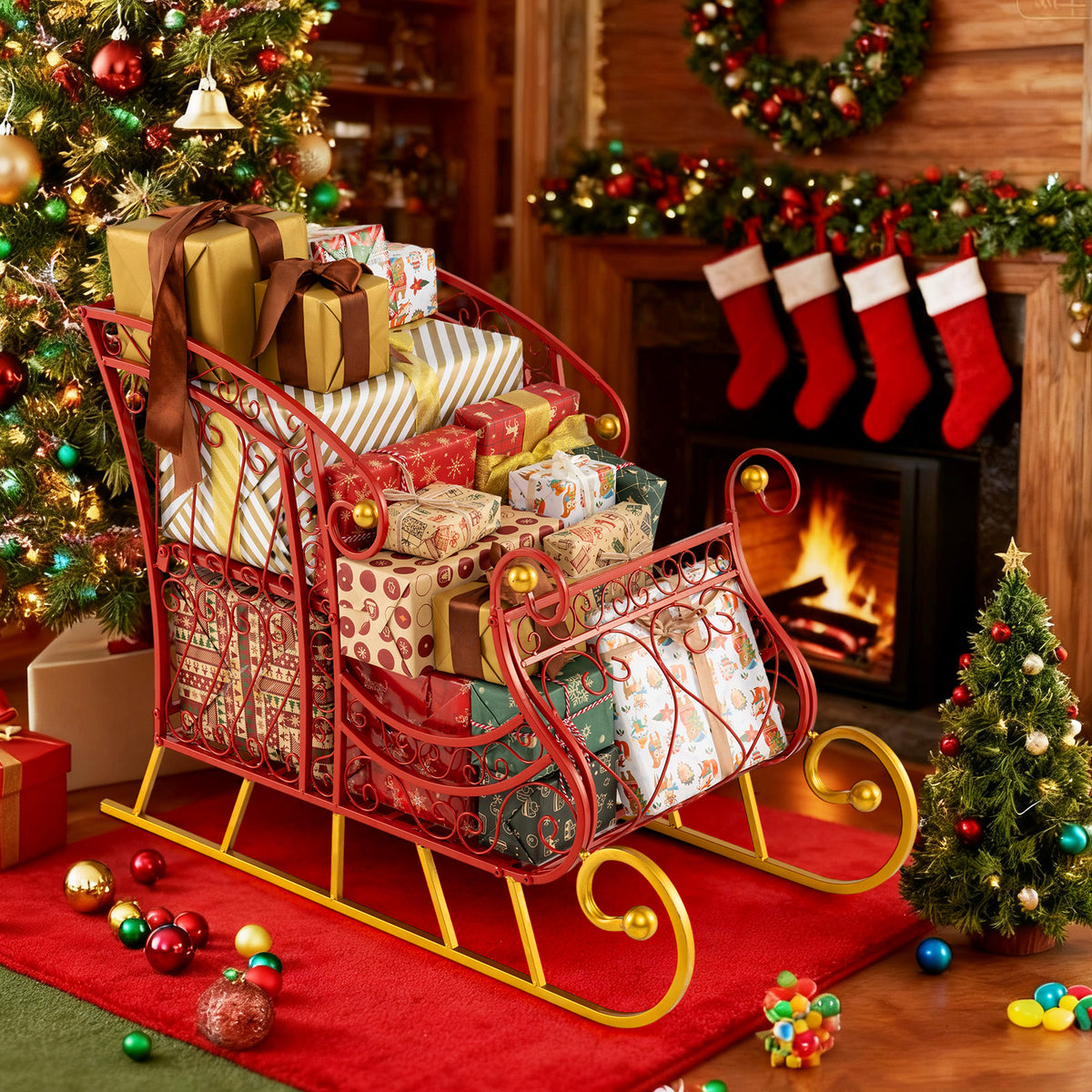 Metal Christmas Santa Sleigh Basket 2-Tier Gift Storage with Variation 33.5 x 16.5 x 24.5 Inches