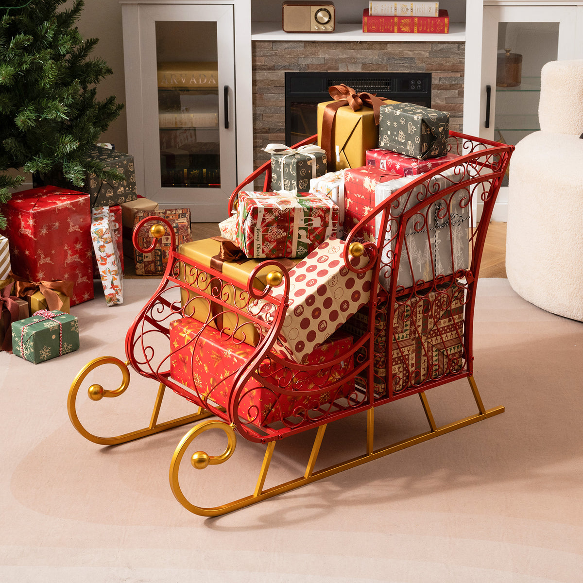 Metal Christmas Santa Sleigh Basket 2-Tier Gift Storage with Variation 33.5 x 16.5 x 24.5 Inches