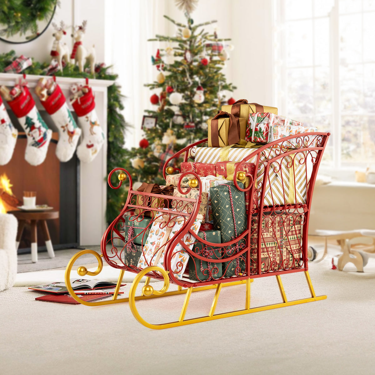 Metal Christmas Santa Sleigh Basket 2-Tier Gift Storage with Variation 33.5 x 16.5 x 24.5 Inches