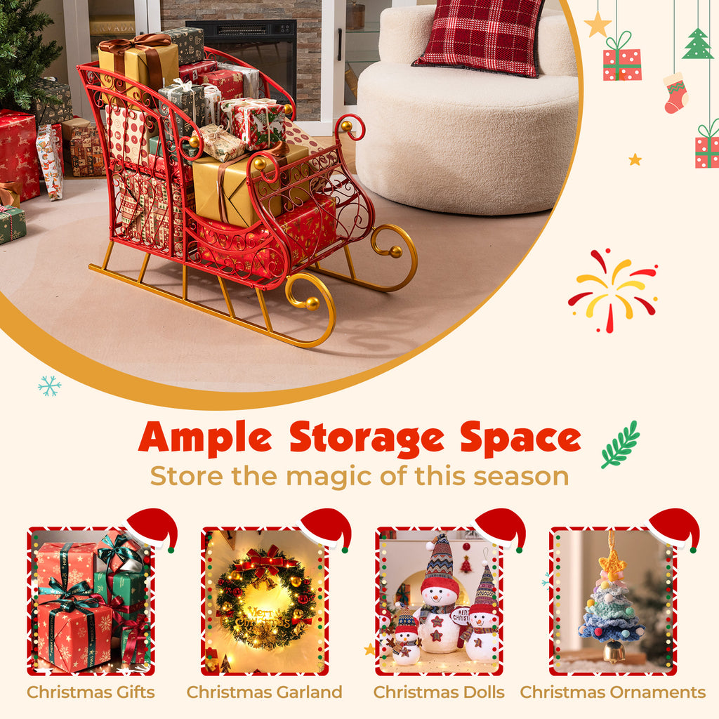 Metal Christmas Santa Sleigh Basket 2-Tier Gift Storage with Variation 33.5 x 16.5 x 24.5 Inches