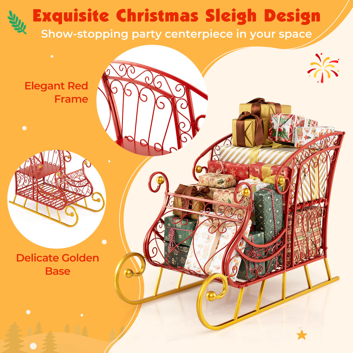 Metal Christmas Santa Sleigh Basket 2-Tier Gift Storage with Variation 33.5 x 16.5 x 24.5 Inches