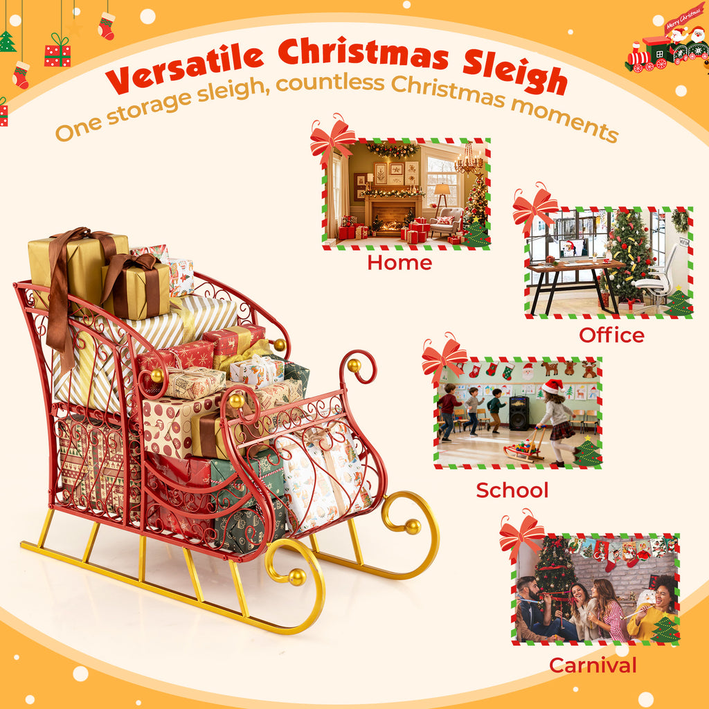 Metal Christmas Santa Sleigh Basket 2-Tier Gift Storage with Variation 33.5 x 16.5 x 24.5 Inches
