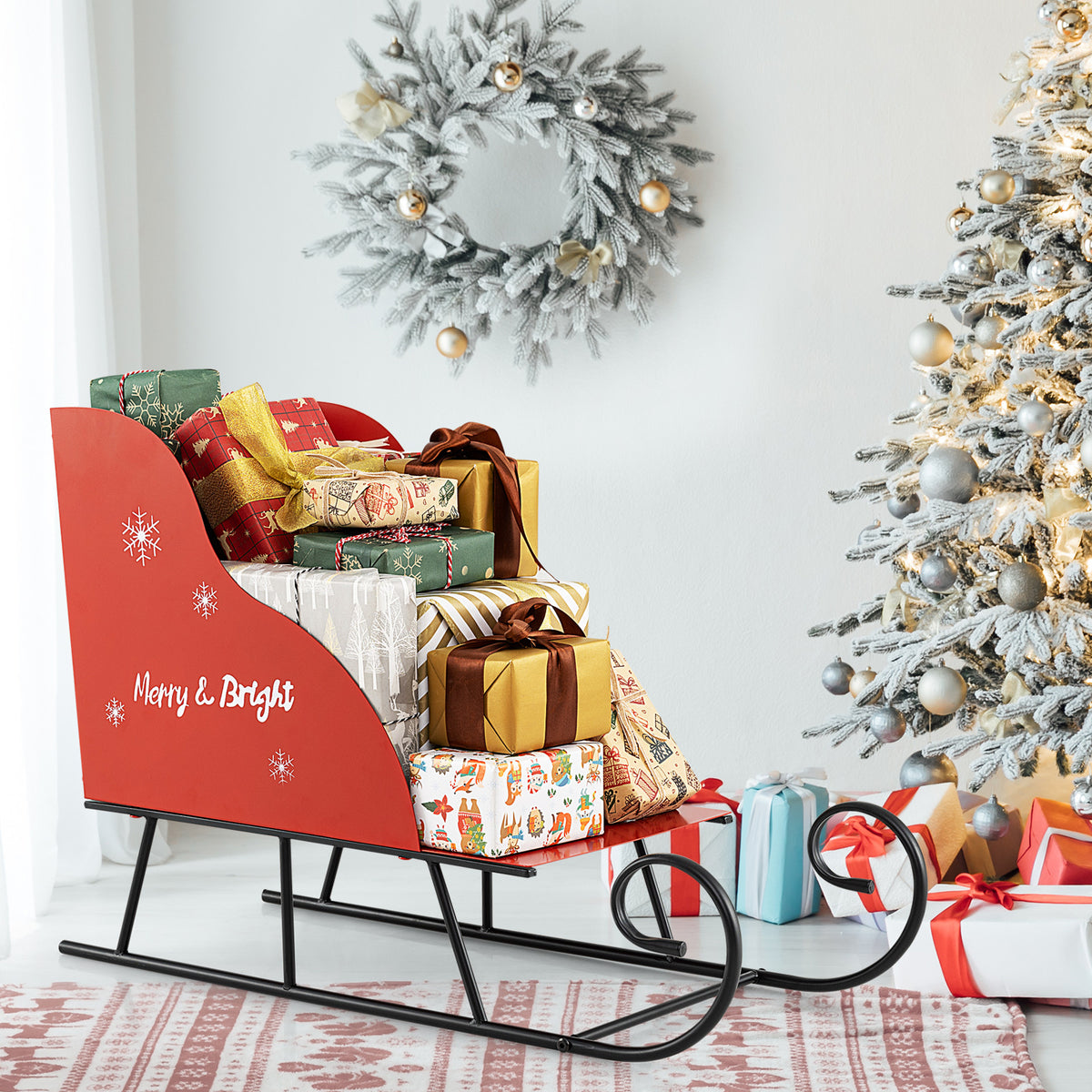 Christmas Metal Santa Sleigh Basket Storage - Festive Gift Organizer, 29 x 12.5 x 20 Inch