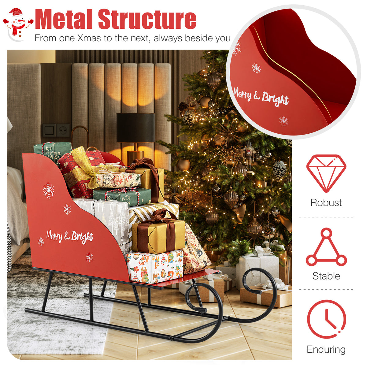 Christmas Metal Santa Sleigh Basket Storage - Festive Gift Organizer, 29 x 12.5 x 20 Inch