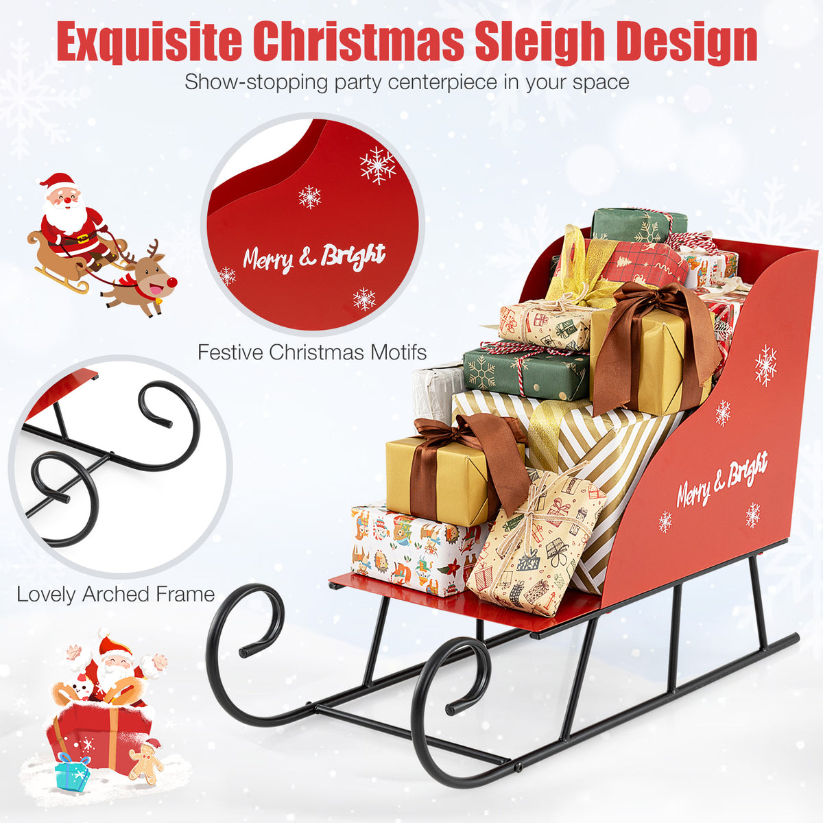 Christmas Metal Santa Sleigh Basket Storage - Festive Gift Organizer, 29 x 12.5 x 20 Inch
