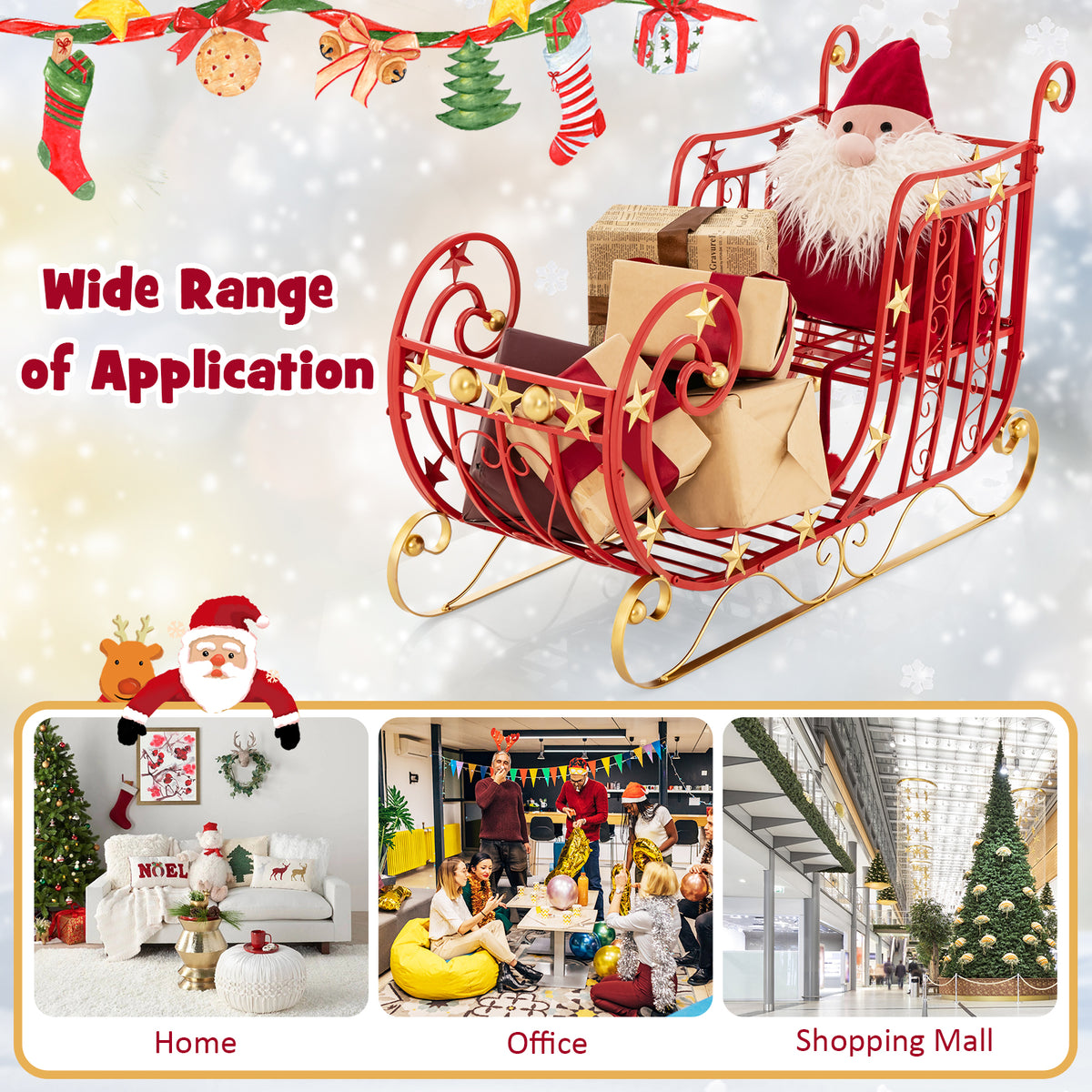 Metal Christmas Santa Sleigh with Large Cargo Area - 39 x 14 x 24 Inch Holiday Decor