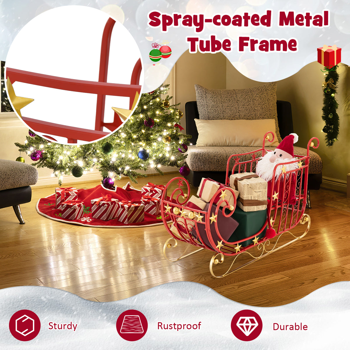 Metal Christmas Santa Sleigh with Large Cargo Area - 39 x 14 x 24 Inch Holiday Decor