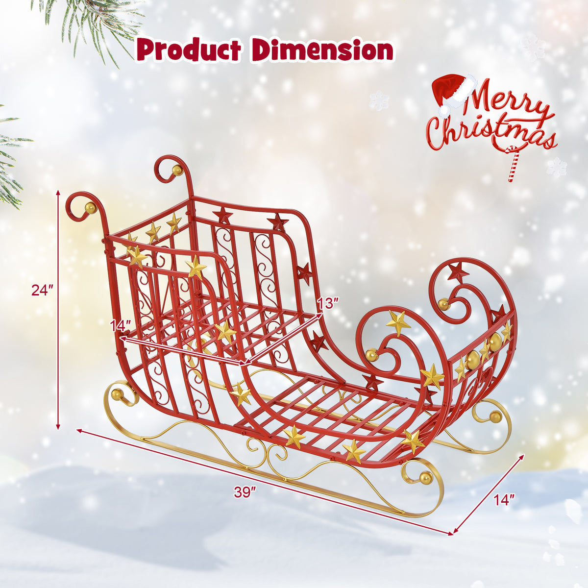 Metal Christmas Santa Sleigh with Large Cargo Area - 39 x 14 x 24 Inch Holiday Decor
