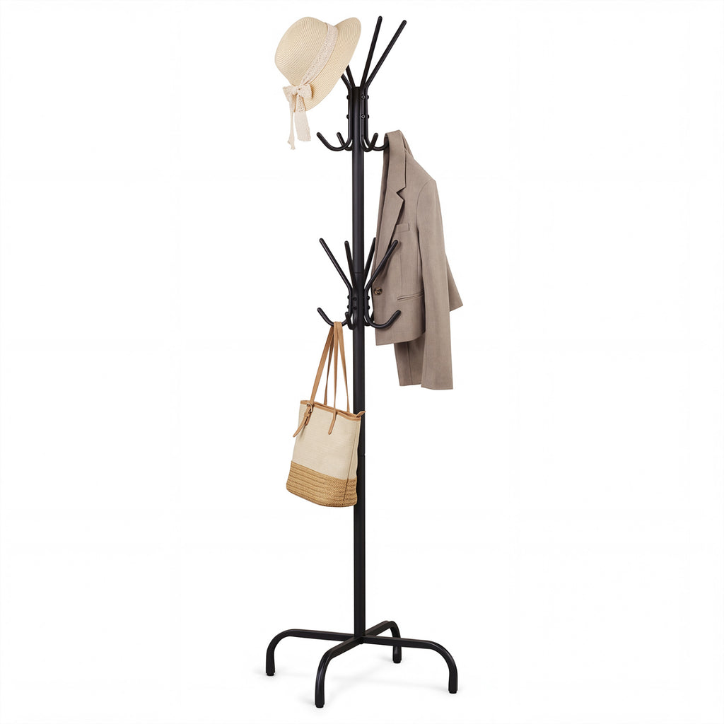 Metal Coat Rack Freestanding 16 Hooks - Black