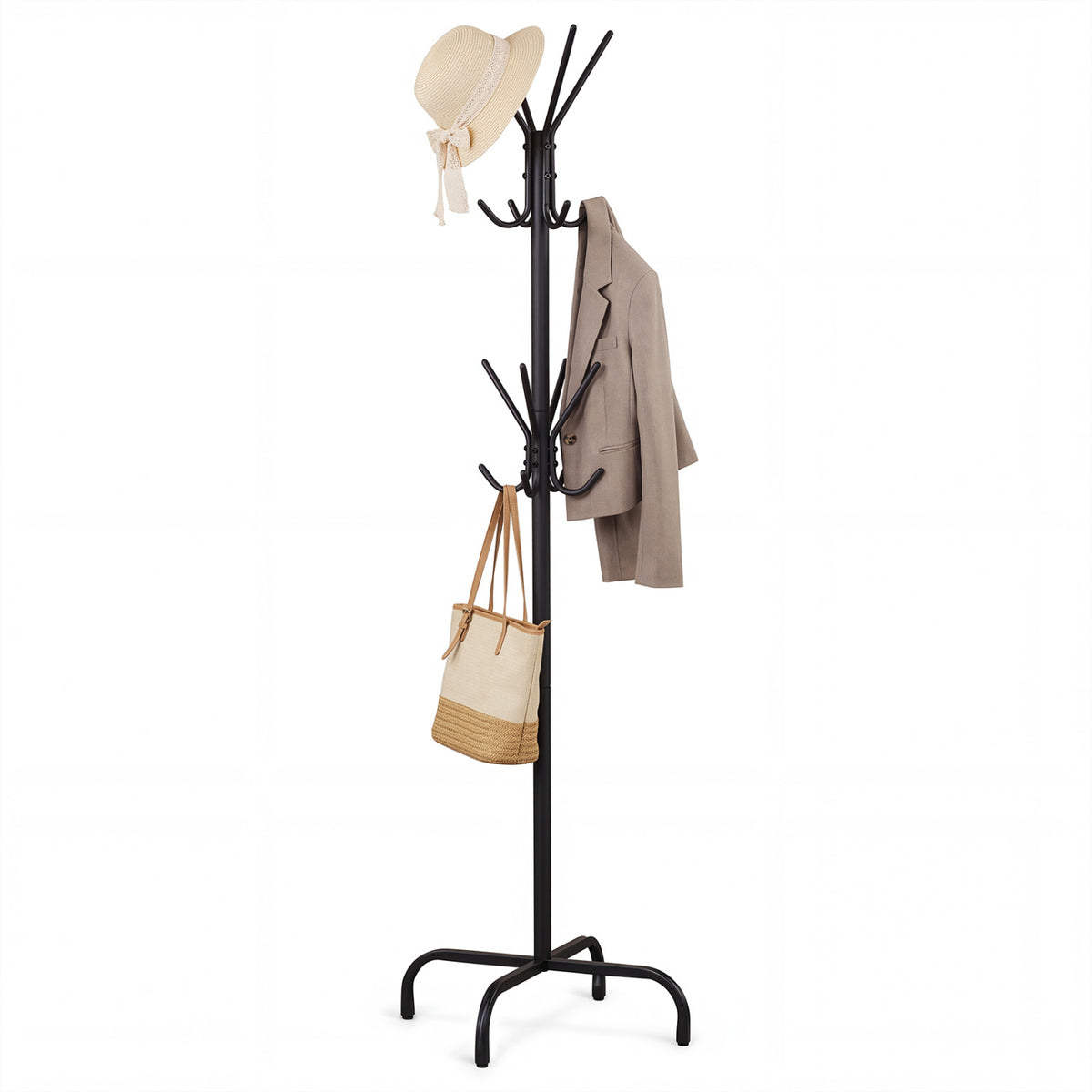 Metal Coat Rack Freestanding 16 Hooks - Black