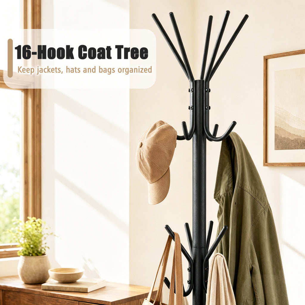 Metal Coat Rack Freestanding 16 Hooks - Black