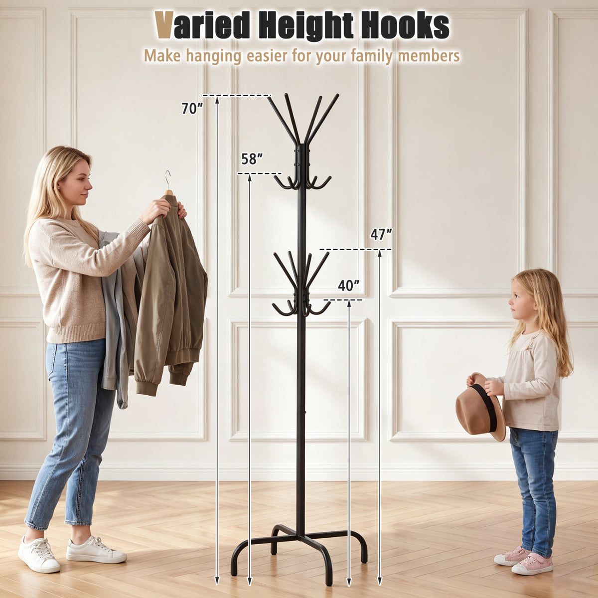 Metal Coat Rack Freestanding 16 Hooks - Black