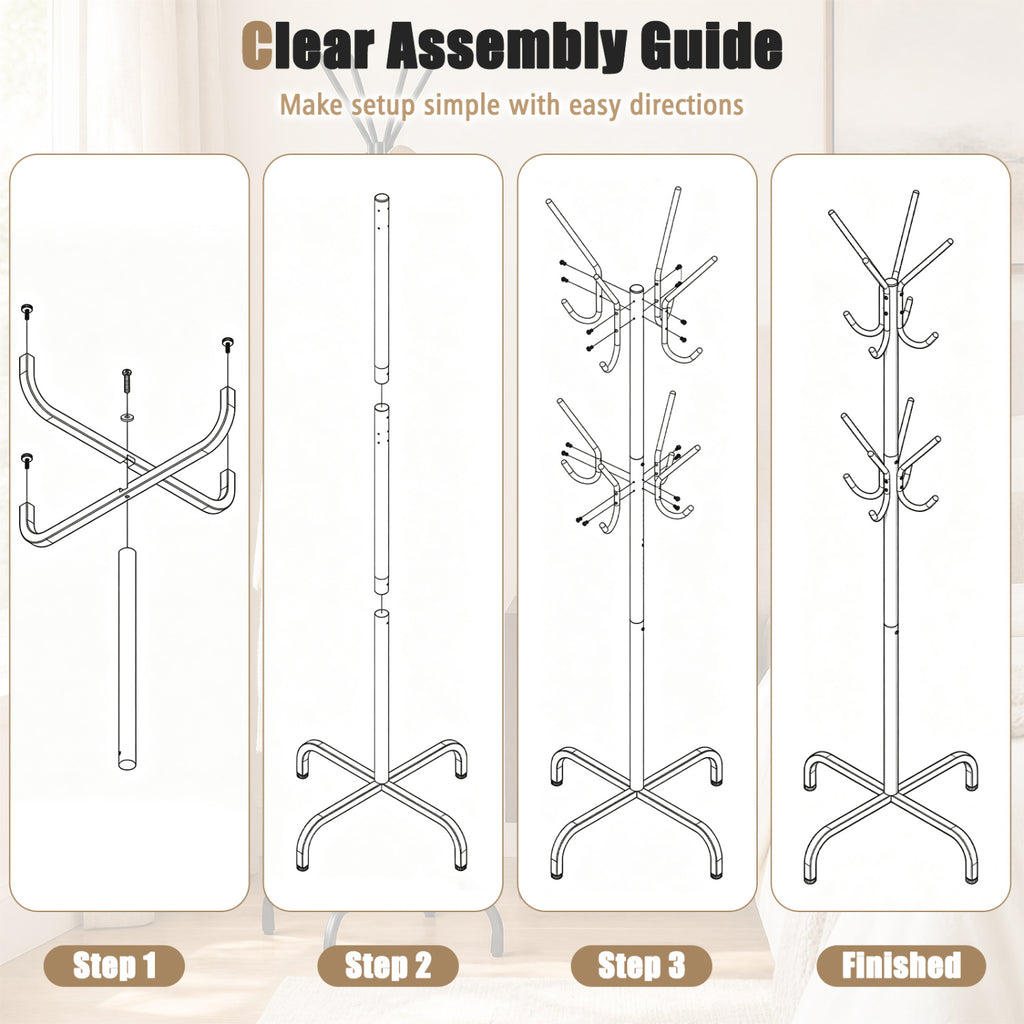 Metal Coat Rack Freestanding 16 Hooks - Black