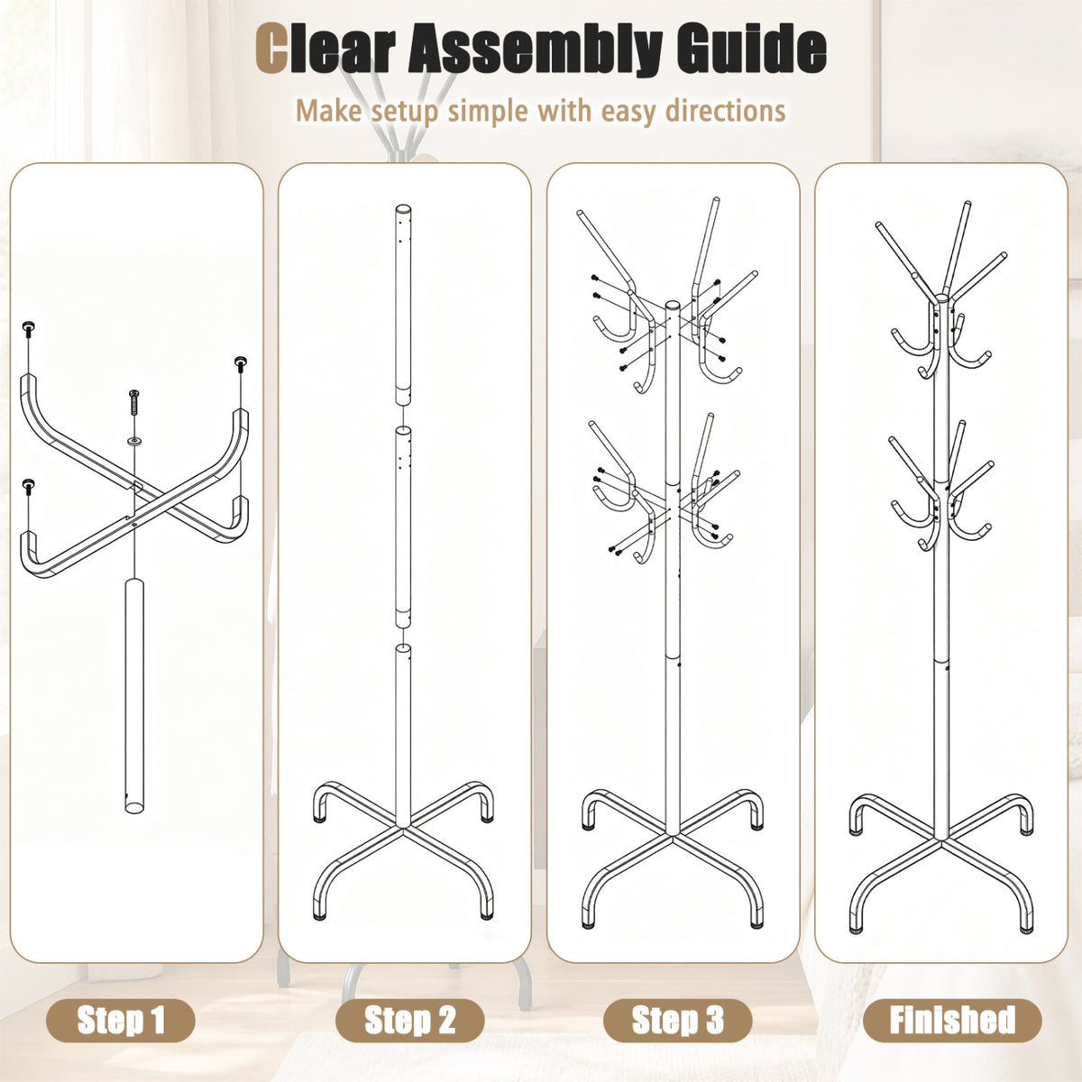 Metal Coat Rack Freestanding 16 Hooks - Black