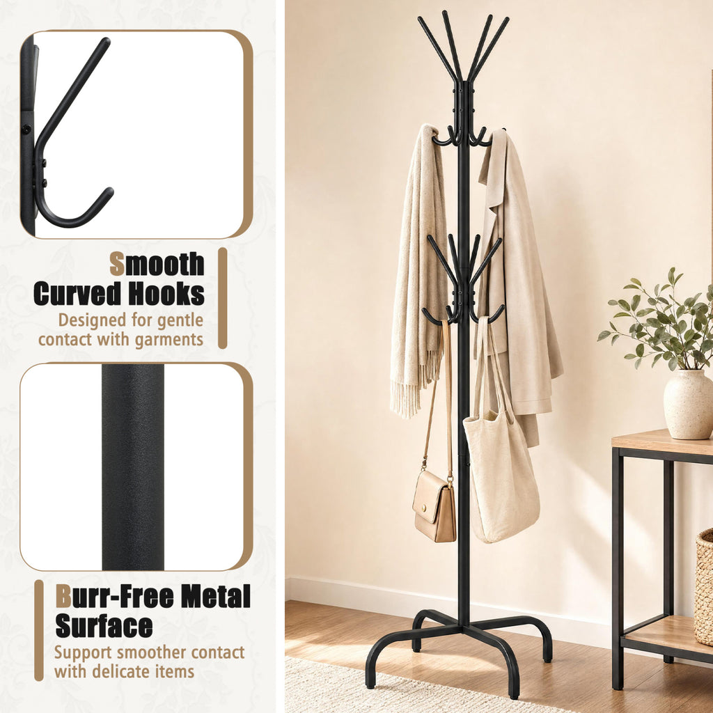 Metal Coat Rack Freestanding 16 Hooks - Black