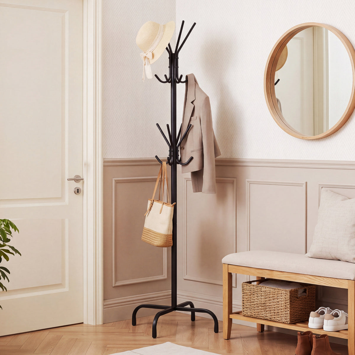 Metal Coat Rack Freestanding 16 Hooks - Black