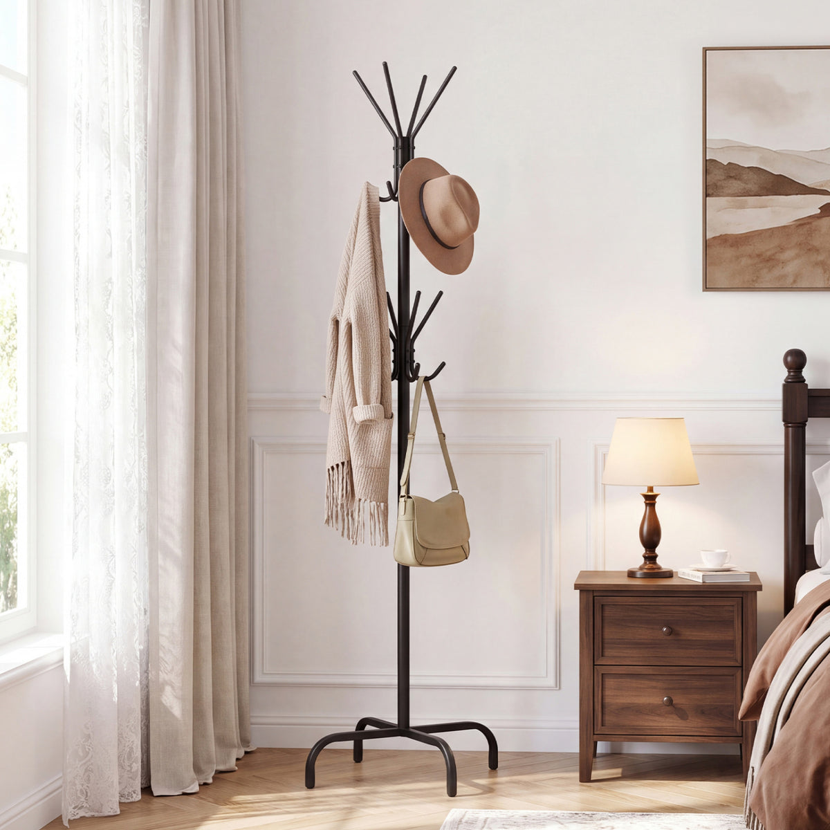 Metal Coat Rack Freestanding 16 Hooks - Black